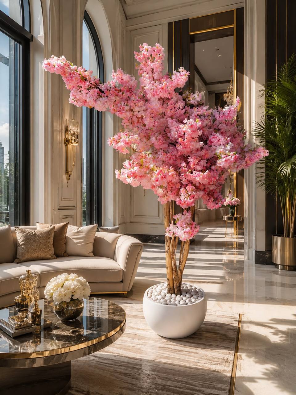 Figura decorativa dorada premium sobre mesa de mármol con árbol de cerezo artificial - Blossen by Mar